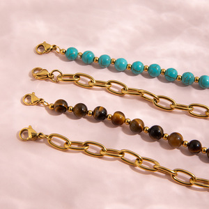 Pulsera de Cadena con Cuentas Turquesas, Chapada en Oro de 18K, Acero Inoxidable, Unisex, Joyería para Uso Diario - Product Image 4