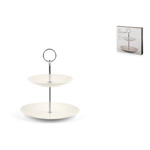Alzata per torte a 2 livelli color avorio con manico cromato per feste e eventi - Product Image 1