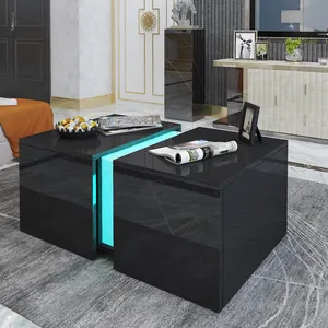 Modern wood tea table High Gloss with LED Light living room furniture black cafe coffee