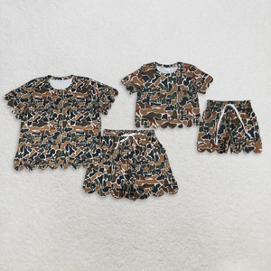 เด็กผู้หญิงลายพรางพิมพ์ลายสแกลลอปแขนสั้นชุดเสื้อกางเกงขาสั้นชุดลำลองฤดูร้อนชุดครอบครัวเสื้อผ้าจับคู่ขายส่ง - Product Image 1