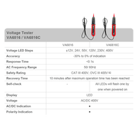 Détecteur de tension AC/DC VA6816C, testeur électrique, auto-vérification, indication de polarité, stylo de test 400V, flash LED, CAT III
