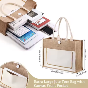 Wholesale Custom Large <strong>Jute</strong> Reusable Linen Hemp Hessian Grocery Burlap <strong>Jute</strong> <strong>Tote</strong> <strong>Bag</strong> With Pocket for Gifts Shopping - Product Image 2