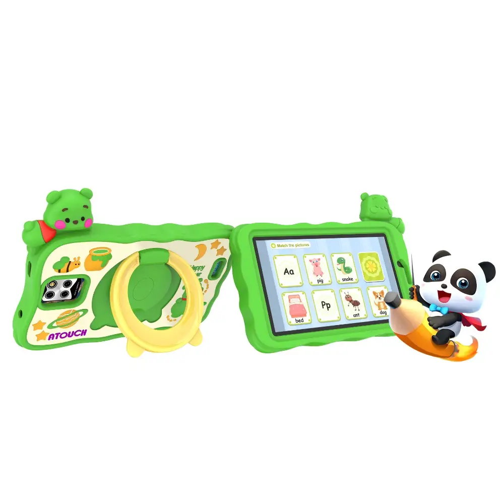 ATOUCH جهاز كمبيوتر لوحي يدعم Android للأطفال بشاشة 7 بوصات KC64 Smart Tab بشريحتين للتعليم المبكر مع حافظة سيليكون حامل دوار 360 درجة