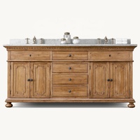 Meuble-lavabo double vasque en bois personnalisable style vintage américain, sur pied, avec vasque en céramique et plateau en marbre, pour appartement et villa