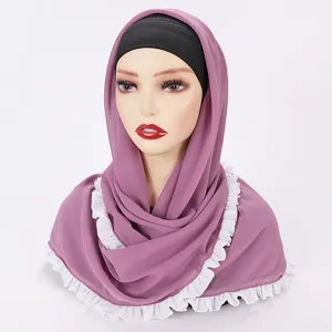 Malay Fashion 110*110Cm Vierkante Geplooide Ruche Kant Effen Chiffon Hijab Sjaal Voor Moslim Vrouwen