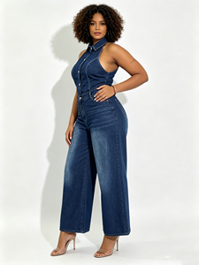Combinaison en <span class=keywords><strong>jean</strong></span> à jambes larges pour femme, col licou, dos nu sexy, boutonnée, style salopette, tendance, avec revers, tenue en <span class=keywords><strong>jean</strong></span> une pièce - Product Image 3