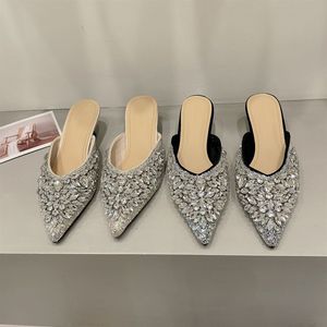 <b>Silver</b> Rhinestone Elegant Tacones De Mujer Sexy Mules <b>Low</b> Women Kitten <b>Heels</b> for Ladies - Product Image 2