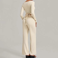 Ensemble de sport pour femme avec crop top sexy à col en V profond et manches longues, pantalon décontracté à jambe large et droite, ensembles de yoga et fitness pour femme, logo personnalisé