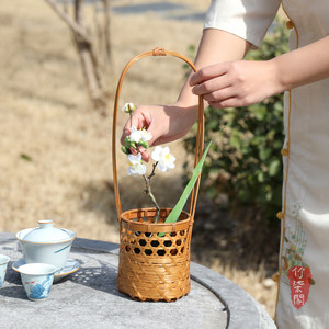 Bamboo Woven Flower Basket Round Lacquered Openwork Handheld Vase For Living Room Decor - Product Image 5