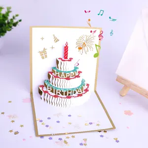 Winpsheng Custom Design Pop-up Birthday Cake Greeting Card LED Lights 90 Degree3D Card