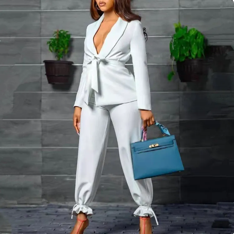 2022 new arrival ladies formal suits designs ladies suits office wear womens belted blazer pants set