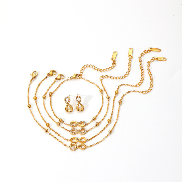 High Quality 18K Gold Plated Stainless Steel Jewelry Set Geometric Zircon Anklets Earrings Bracelets