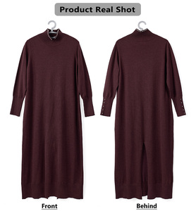 Abito da donna a collo alto a <span class=keywords><strong>maniche</strong></span> <span class=keywords><strong>lunghe</strong></span> con orlo a costine e spacco posteriore, casual ed elegante, in maglia traspirante, stile vintage, silhouette dritta, lunghezza al ginocchio - Product Image 3