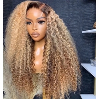 Perruque à dentelle frontale 13x6 avec mèches ombrées, cheveux humains, densité 250, blond miel 4/27, dentelle frontale transparente HD, perruque bouclée crépue pour femmes