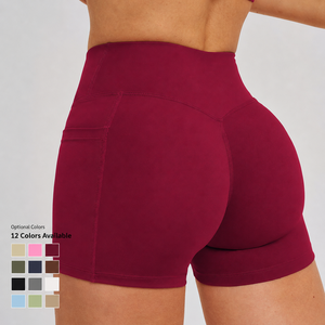 Shorts de yoga taille croisée <span class=keywords><strong>avec</strong></span> poches, shorts <span class=keywords><strong>cycliste</strong></span> taille haute croisée, contrôle du ventre, effet push-up, pour la gym et l'entraînement - Product Image 3