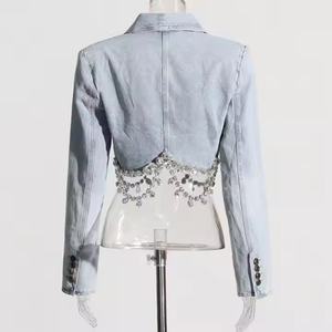 Ensemble en jean pour femme de haute qualité à prix abordable, comprenant une veste courte sexy et une mini-jupe en jean délavé à l'acide ornée de strass - Product Image 6