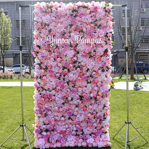 イベントパーティーの結婚式の装飾のための3D/5D人工シルクフラワーウォールピンクパープルファブリックフローラブルロールアップフラワーウォール背景