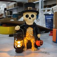 Figurine de gentleman squelette avec lanterne LED et seau citrouille, statue lumineuse en résine, décoration de table effrayante pour maison hantée