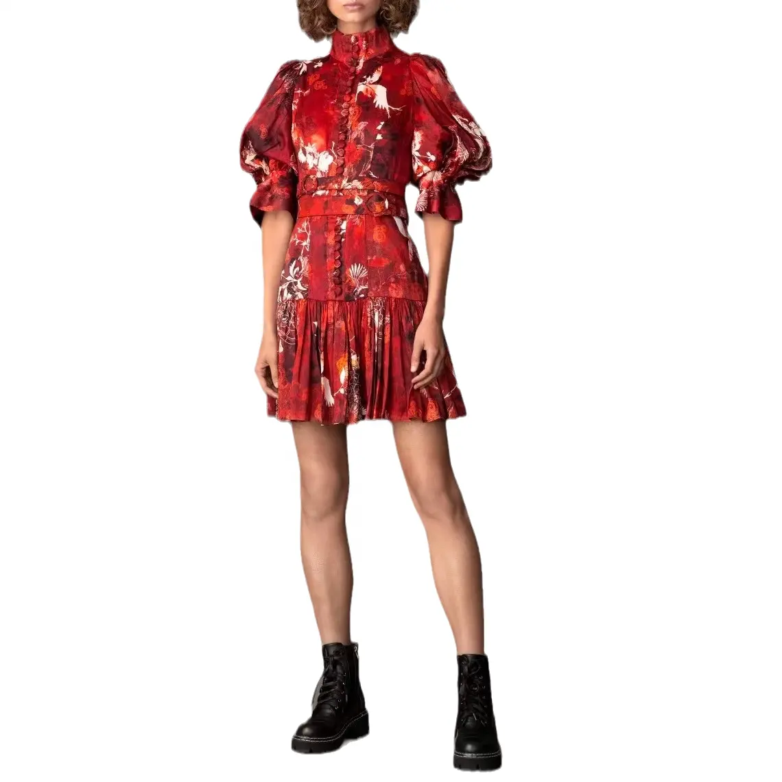 2021 Luxury Vintage Dresses Women Elegant Puff Sleeves Red High Neck Girdle Floral Print Ladies Mini Semi Formal Dress
