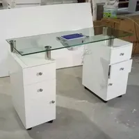 Table de manucure de luxe avec dessus en verre, lumière noire, à double tiroir, avec collecteur de poussière