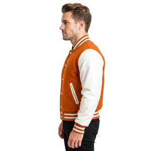 Men's Orange Varsity Jacket With White Sleeves And Stripes Preppy Style Regular Fit Turn-down Collar Single Button Closure - Product Image 3