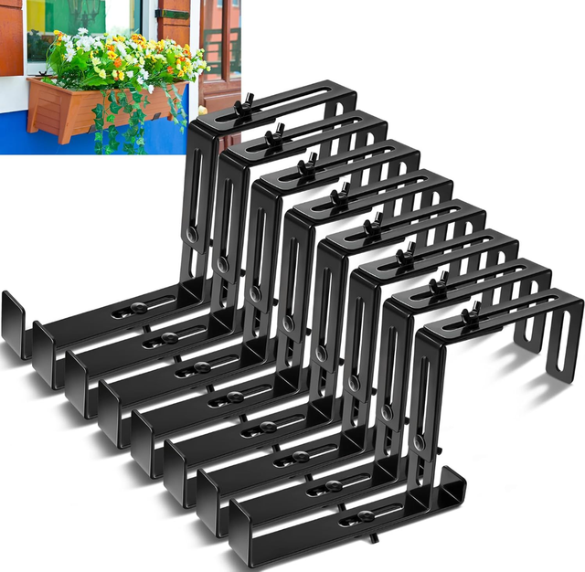 Adjustable Window Planter Bracket, Metal Flower Box Holder, Black Railing Mount Plant Hanger for Balcony Garden