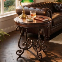 Table d'appoint ronde vintage en fer et bois, plateau en bois massif de 24 pouces avec pieds en fer forgé, accent rustique pour salon, chambre, bureau