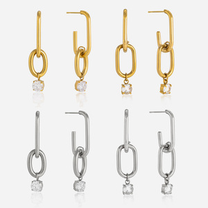 Pendientes colgantes geométricos de acero inoxidable con circonita y engaste de garra para uso diario - Product Image 1