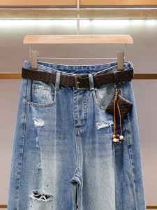 Jeans a gamba larga a vita alta da donna, stile casual alla moda, sottili, estivi, nuovo modello, effetto snellente, con strappi, a gamba dritta - Product Image 3