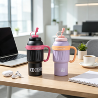 Botol Air Terisolasi Stainless Steel 304 40OZ Dengan Pegangan dan Sedotan, Cangkir Termos Portabel untuk Kantor dan Perjalanan, Tumbler Es Krim