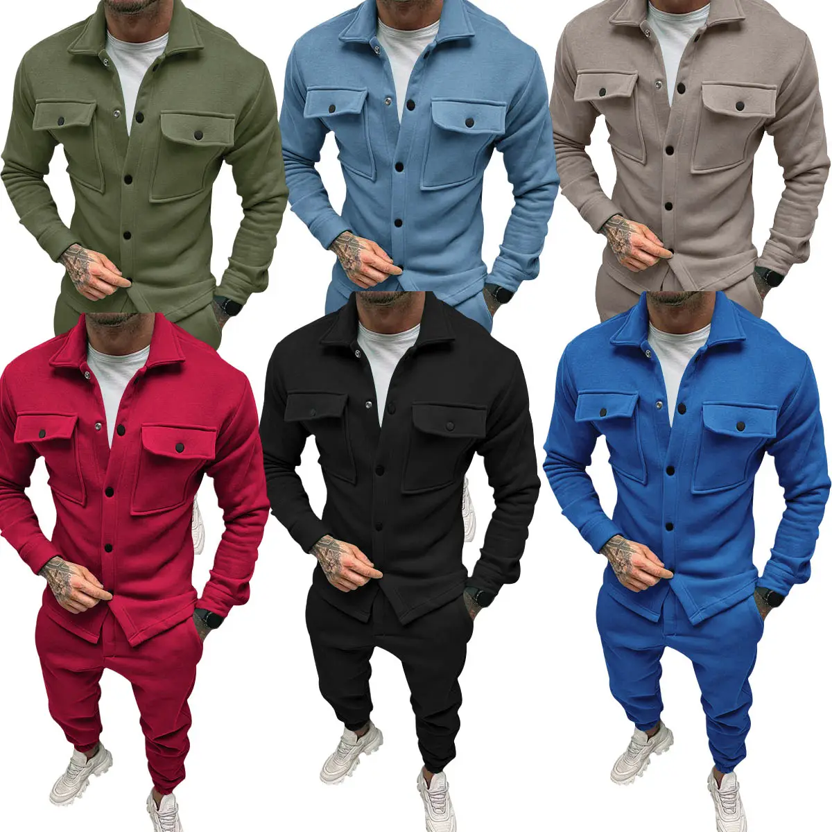 Streetwear Cargo Pants Men's 2 Piece Jacket Pants Slim Fit Cargo Pocket Patchwork Fashion Two Piece Set