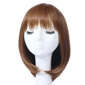 Kinky Straight Blonde Hair Short Bob Wig With Middle Part For White Women Closure Permanent Synthetic Hair Wigs with Thin Bangs