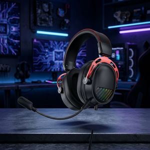 หูฟังเกมมิ่งโลหะสีแดงสไตล์เรโทรแบบขายส่ง พร้อมไฟ RGB แถบยาวหลากสี หูฟังแบบครอบหูแบบมีสาย สำหรับนักเล่นเกมอีสปอร์ต - Product Image 4