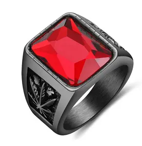 Titanium steel simple men's hip hop maple leaf black ruby jewelry stainless steel fashion ring