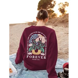 เสื้อสเวตเชิ้ตผู้หญิงลายดอกไม้สไตล์คริสเตียน ทรงโอเวอร์ไซส์ ระบายอากาศได้ดี ผ้าถัก พิมพ์ลายข้อพระคัมภีร์สดุดี 136:1 - Product Image 3