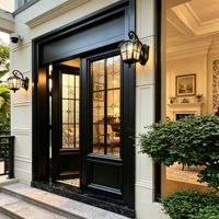 Porte d'entrée double Aomeja de luxe, style français vintage, en aluminium, avec cadre noir moderne et vitrail décoratif, pour salle à manger extérieure
