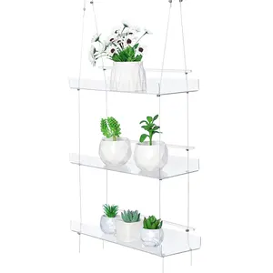 Estante colgante de acrílico transparente de 3 capas para plantas, estante de pared flotante para cultivo de hierbas, flores suculentas microverdes