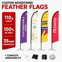 Drapeau publicitaire personnalisé en tissu 110g, impression HD 110%, résistant au vent 35mph, kit complet de fixation, base lestée, bannière extérieure