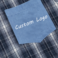 Kemeja Pria Vintage Plaid dengan Kerah Denim, Logo Custom, Lengan Pendek, Kancing Depan, Katun Tebal, Atasan Kasual Pria