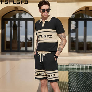 Oem Odm Colorblock Polo Shorts <b>Set</b> Heavyweight Oversized Streetwear Two Piece <b>Knit</b> Tracksuit Wholesale Bulk - Product Image 1