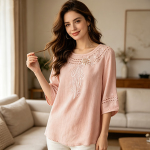 Blusa de Lino para Mujer con Bordado Floral, Cuello Redondo, Manga Tres Cuartos, Estilo Bohemio, Corte Holgado, Top de Primavera/Verano - Product Image 4