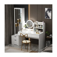 Chaise de coiffeuse moderne blanche pour chambre à coucher, petite, en panneau de bois, avec miroir LED pleine longueur, tiroir et rangement intégrés