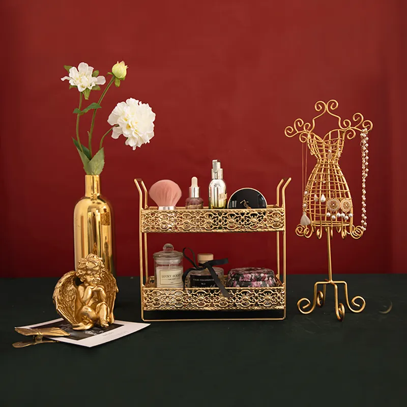 Étagère de rangement de bijoux en métal doré, multifonctionnel à poser sur pied, pour produits cosmétiques, 1 pièce