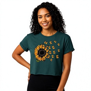Women's Eco-Friendly Lightweight Crop <b>Top</b> Sunflower <b>Butterfly</b> Print Crew Neck Short Sleeve Casual T-Shirt Jersey Fabric Spring - Product Image 1