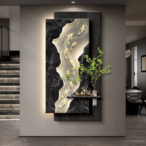 Arte Murale LED in Arenaria <span class=keywords><strong>con</strong></span> Pesci Koi Feng Shui per Hotel |   Dipinto per Ingresso <span class=keywords><strong>con</strong></span> Finitura Opaca Stratificata 3D e Motivo Marmorizzato - Product Image 3