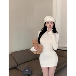 Women's Velvet Long Sleeve Bodycon Dress High Neck Slim Fit Solid Color Winter Inner Layer Short Skirt White And Black - Product Image 5