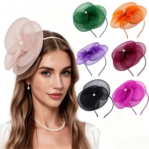 Élégant fascinateur floral en organza avec perles, accessoire de tête pour femme pour mariage et réception, avec bandeau et pince à <span class=keywords><strong>cheveux</strong></span>. - Product Image 1