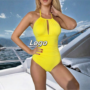 Traje de Baño de Una Pieza para Mujer, Color Sólido, Personalizado, de Spandex/Poliéster, con Sujetador Push-Up, Cuello Halter, Logotipo Frontal, Protección UV, Ropa de Playa - Product Image 2