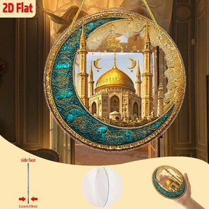 Ornement islamique plat 2D avec une grande mosquée dorée en forme <span class=keywords><strong>de</strong></span> dôme et une étoile avec une croissant <span class=keywords><strong>de</strong></span> lune pour la décoration spirituelle du Ramadan dans les maisons - Product Image 2