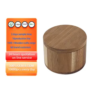 Custom Acacia Bamboo Storage Box Wood Salt round Spice Box with Magnetic Swivel lid